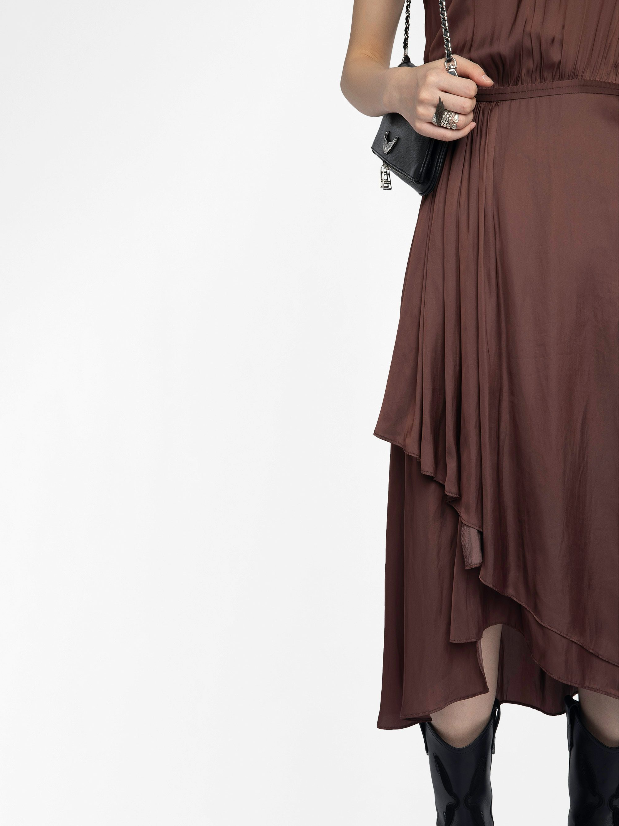 Randall Satin Dress - Mid-length satin dress with raglan short sleeves and asymmetric ruffled panel skirt.